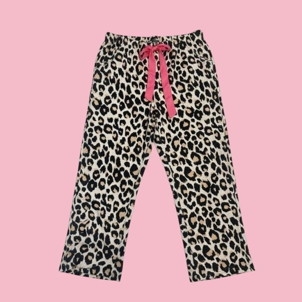 Leopard Print Pajama Pants Pink Tie Women Medium Cozy Comfy